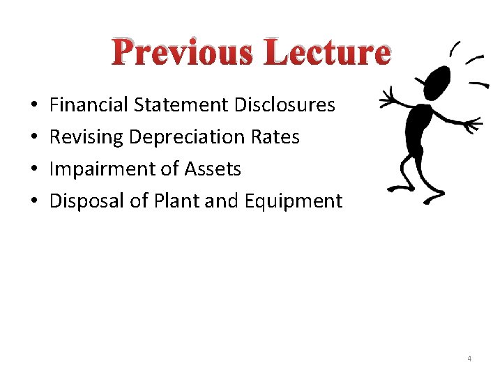 Previous Lecture • • Financial Statement Disclosures Revising Depreciation Rates Impairment of Assets Disposal