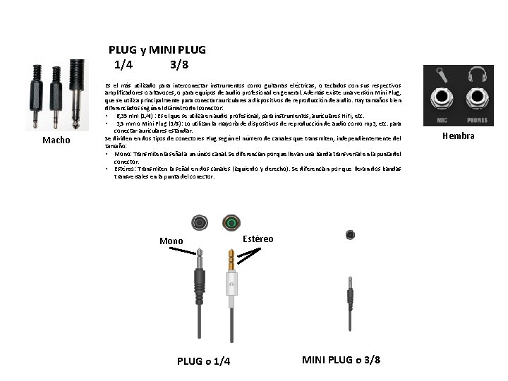 PLUG y MINI PLUG 1/4 3/8 Macho Es el más utilizado para interconectar instrumentos