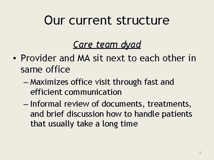 Our current structure Care team dyad • Provider and MA sit next to each