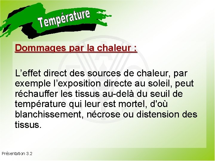 Dommages par la chaleur : L’effet direct des sources de chaleur, par exemple l’exposition