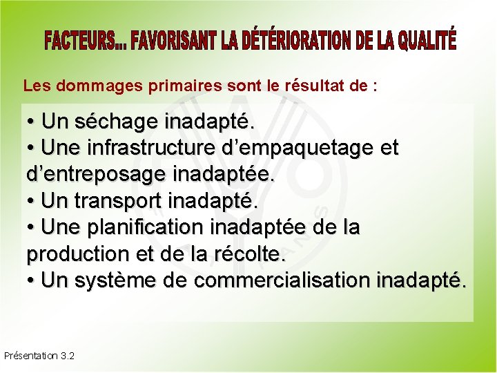 Les dommages primaires sont le résultat de : • Un séchage inadapté. • Une
