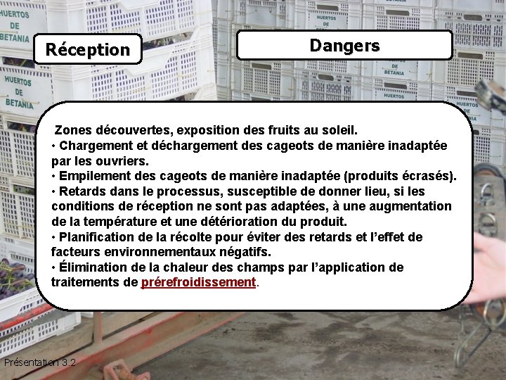 Réception Dangers Zones découvertes, exposition des fruits au soleil. • Chargement et déchargement des