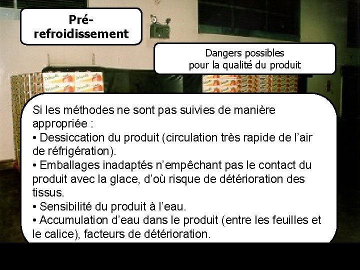 Prérefroidissement Dangers possibles pour la qualité du produit Definir actores/roles/ Expectativas. Si les méthodes