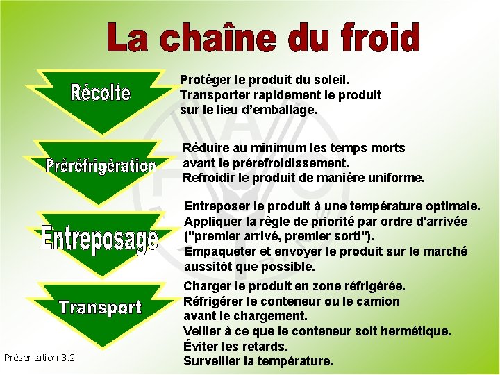 Protéger le produit du soleil. Transporter rapidement le produit sur le lieu d’emballage. Réduire