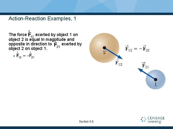 Action-Reaction Examples, 1 The force exerted by object 1 on object 2 is equal