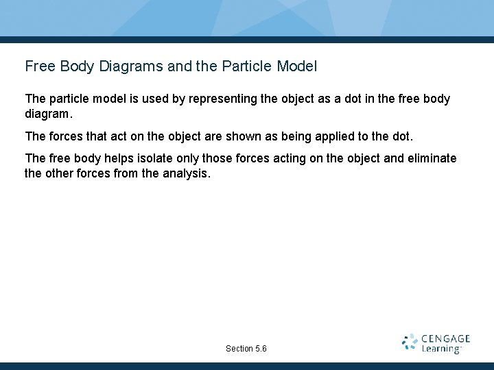 Free Body Diagrams and the Particle Model The particle model is used by representing