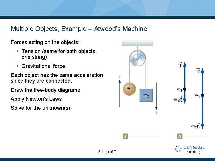 Multiple Objects, Example – Atwood’s Machine Forces acting on the objects: § Tension (same