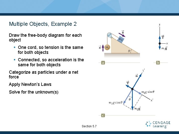 Multiple Objects, Example 2 Draw the free-body diagram for each object § One cord,