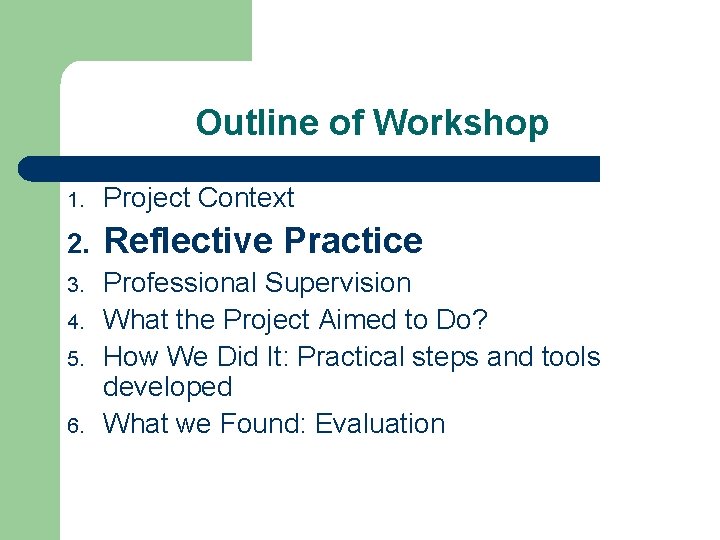 Outline of Workshop 1. Project Context 2. Reflective Practice 3. Professional Supervision What the