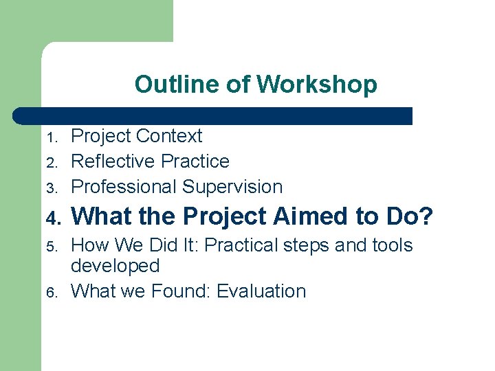 Outline of Workshop 3. Project Context Reflective Practice Professional Supervision 4. What the Project