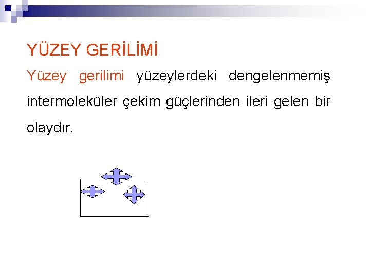 YÜZEY GERİLİMİ Yüzey gerilimi yüzeylerdeki dengelenmemiş intermoleküler çekim güçlerinden ileri gelen bir olaydır. 