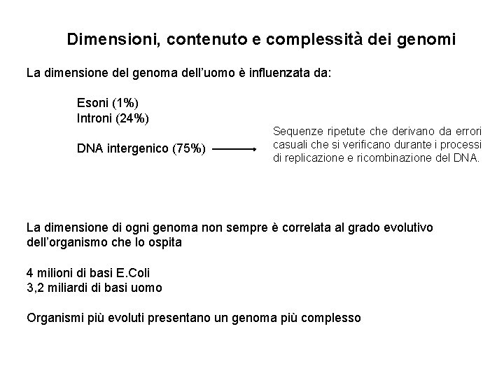 Dimensioni, contenuto e complessità dei genomi La dimensione del genoma dell’uomo è influenzata da: