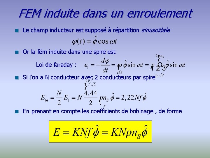 FEM induite dans un enroulement n Le champ inducteur est supposé à répartition sinusoïdale