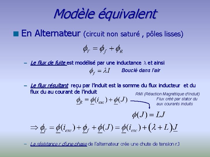 Modèle équivalent n En Alternateur (circuit non saturé , pôles lisses) – Le flux
