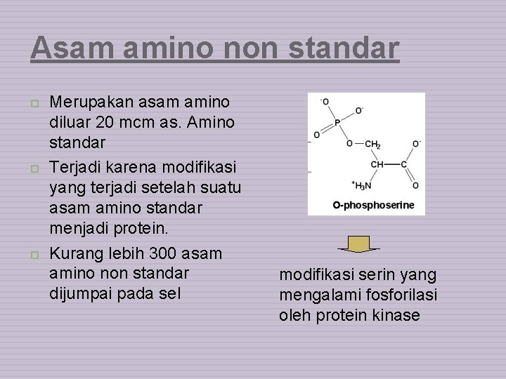 Asam amino non standar Merupakan asam amino diluar 20 mcm as. Amino standar Terjadi