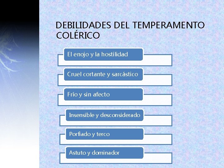DEBILIDADES DEL TEMPERAMENTO COLÉRICO El enojo y la hostilidad Cruel cortante y sarcástico Frío DEBILIDADES DEL TEMPERAMENTO COLÉRICO El enojo y la hostilidad Cruel cortante y sarcástico Frío