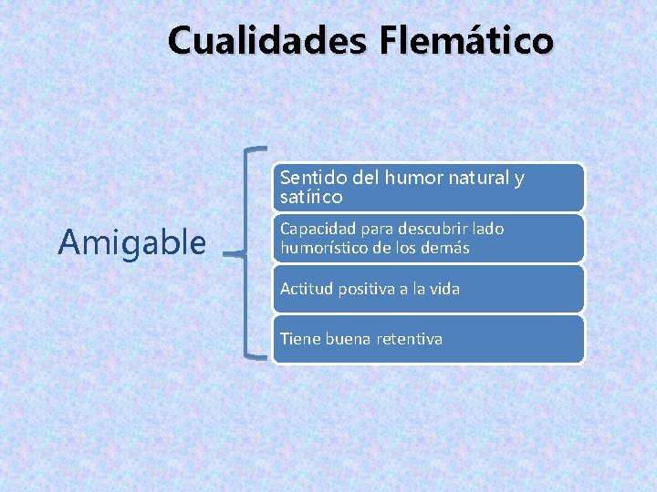 Cualidades Flemático Sentido del humor natural y satírico Amigable Capacidad para descubrir lado humorístico Cualidades Flemático Sentido del humor natural y satírico Amigable Capacidad para descubrir lado humorístico