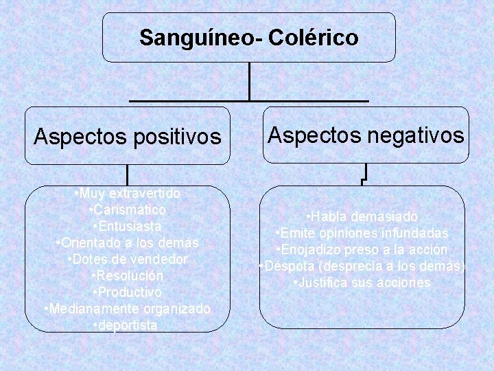 Sanguíneo- Colérico Aspectos positivos • Muy extravertido • Carismático • Entusiasta • Orientado a Sanguíneo- Colérico Aspectos positivos • Muy extravertido • Carismático • Entusiasta • Orientado a