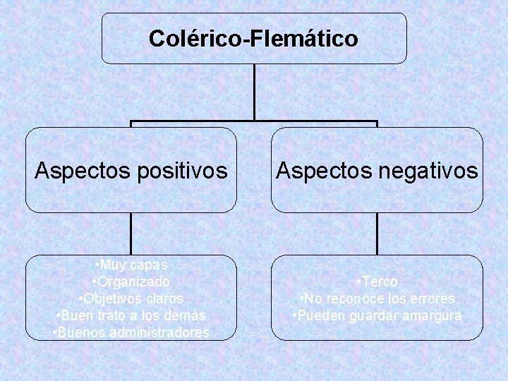 Colérico-Flemático Aspectos positivos Aspectos negativos • Muy capas • Organizado • Objetivos claros • Colérico-Flemático Aspectos positivos Aspectos negativos • Muy capas • Organizado • Objetivos claros •