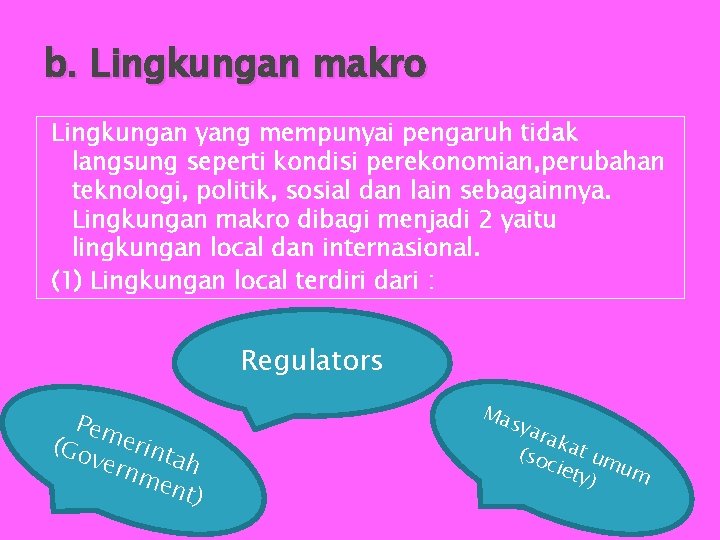 b. Lingkungan makro Lingkungan yang mempunyai pengaruh tidak langsung seperti kondisi perekonomian, perubahan teknologi,