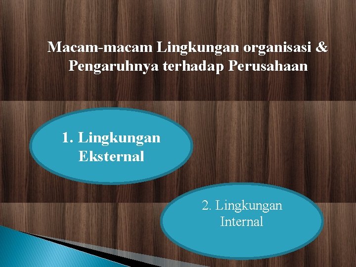 Macam-macam Lingkungan organisasi & Pengaruhnya terhadap Perusahaan 1. Lingkungan Eksternal 2. Lingkungan Internal 