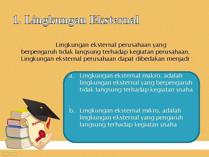 1. Lingkungan Eksternal Lingkungan eksternal perusahaan yang berpengaruh tidak langsung terhadap kegiatan perusahaan, Lingkungan