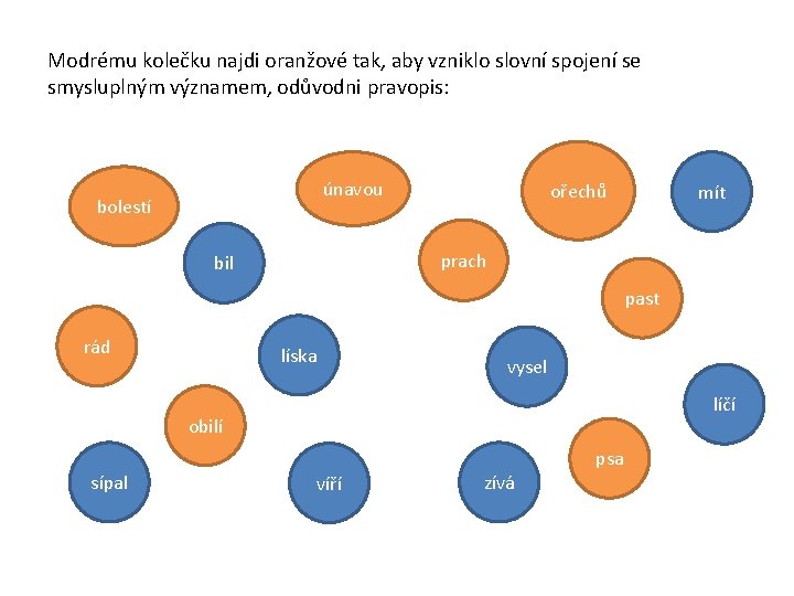 Modrému kolečku najdi oranžové tak, aby vzniklo slovní spojení se smysluplným významem, odůvodni pravopis: