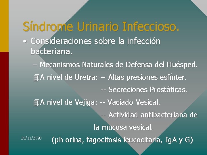 Síndrome Urinario Infeccioso. • Consideraciones sobre la infección bacteriana. – Mecanismos Naturales de Defensa