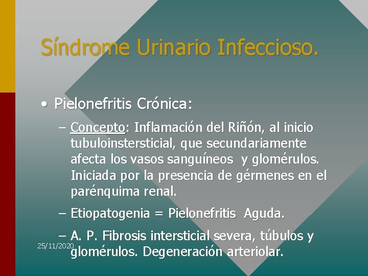 Síndrome Urinario Infeccioso. • Pielonefritis Crónica: – Concepto: Inflamación del Riñón, al inicio tubuloinstersticial,