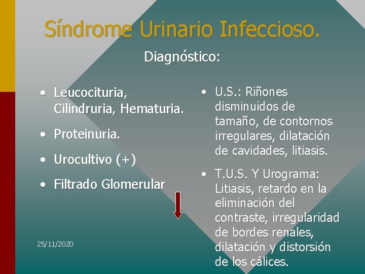 Síndrome Urinario Infeccioso. Diagnóstico: • Leucocituria, Cilindruria, Hematuria. • Proteinuria. • Urocultivo (+) •