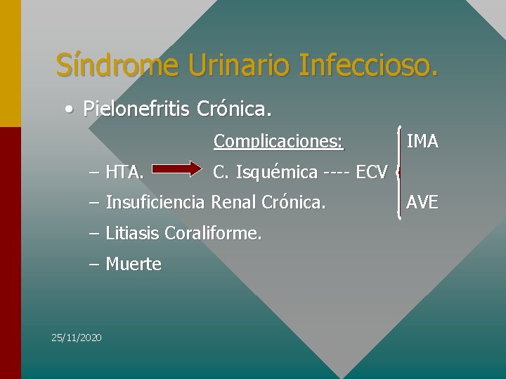 Síndrome Urinario Infeccioso. • Pielonefritis Crónica. Complicaciones: – HTA. C. Isquémica ---- ECV –