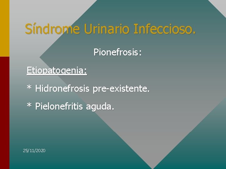 Síndrome Urinario Infeccioso. Pionefrosis: Etiopatogenia: * Hidronefrosis pre-existente. * Pielonefritis aguda. 25/11/2020 