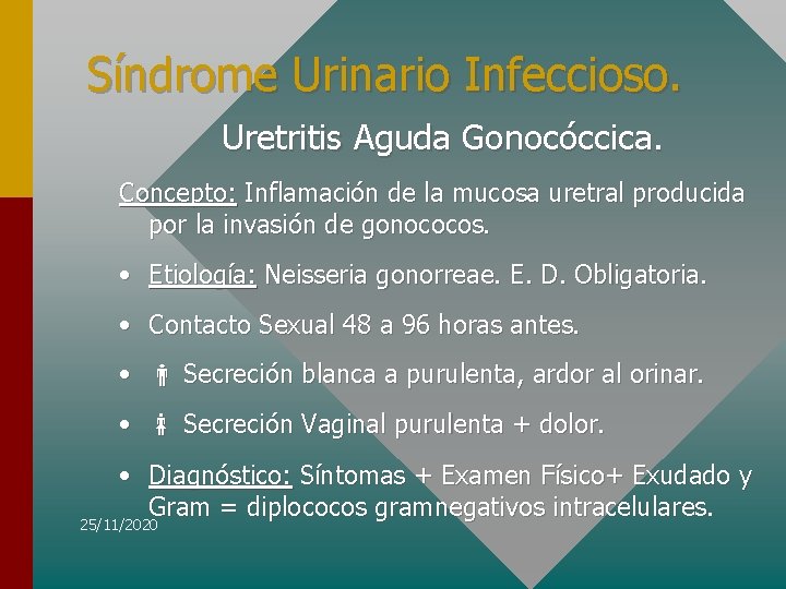 Síndrome Urinario Infeccioso. Uretritis Aguda Gonocóccica. Concepto: Inflamación de la mucosa uretral producida por