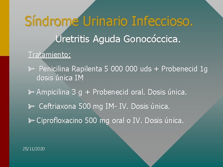 Síndrome Urinario Infeccioso. Uretritis Aguda Gonocóccica. Tratamiento: ø Penicilina Rapilenta 5 000 uds +