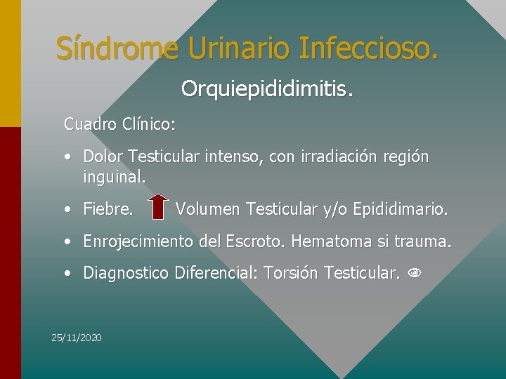 Síndrome Urinario Infeccioso. Orquiepididimitis. Cuadro Clínico: • Dolor Testicular intenso, con irradiación región inguinal.