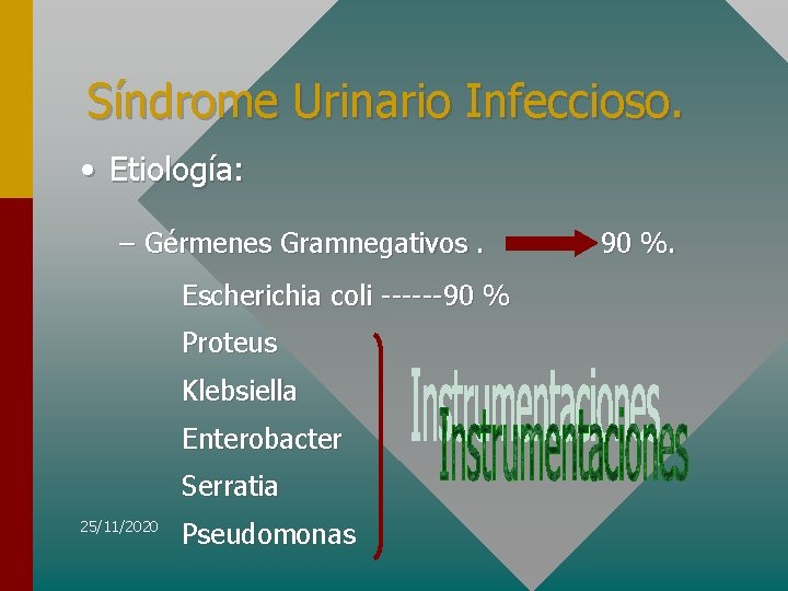 Síndrome Urinario Infeccioso. • Etiología: – Gérmenes Gramnegativos. Escherichia coli ------90 % Proteus Klebsiella