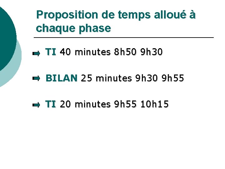 Proposition de temps alloué à chaque phase TI 40 minutes 8 h 50 9