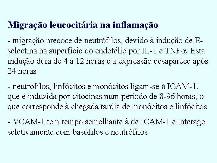 Migração leucocitária na inflamação - migração precoce de neutrófilos, devido à indução de Eselectina Migração leucocitária na inflamação - migração precoce de neutrófilos, devido à indução de Eselectina