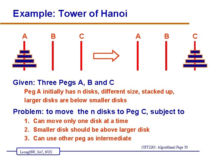 Example: Tower of Hanoi A B C A B Given: Three Pegs A, B
