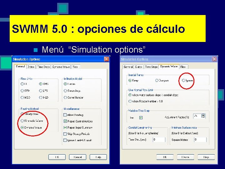 SWMM 5. 0 : opciones de cálculo n Menú “Simulation options” 