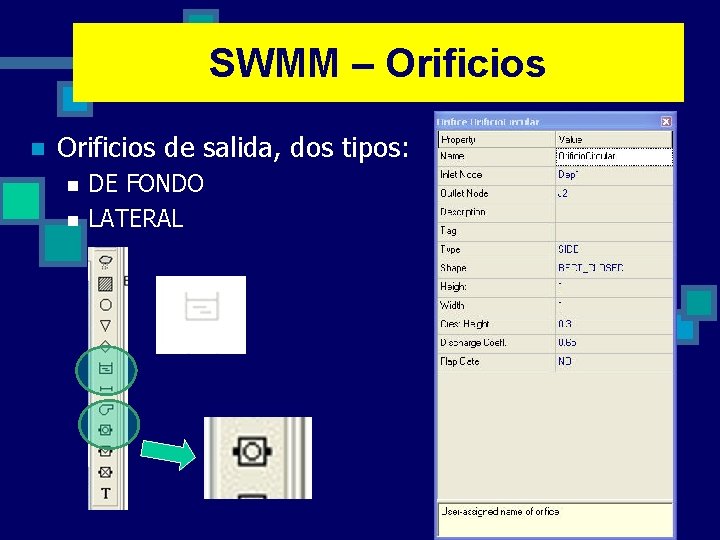SWMM – Orificios n Orificios de salida, dos tipos: n n DE FONDO LATERAL