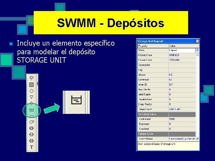SWMM - Depósitos n Incluye un elemento específico para modelar el depósito STORAGE UNIT