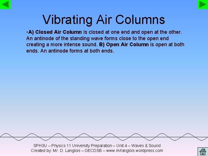 Vibrating Air Columns • A) Closed Air Column is closed at one end and