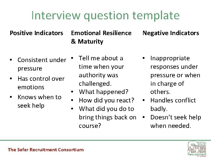 Interview question template Positive Indicators Emotional Resilience & Maturity • Consistent under pressure •