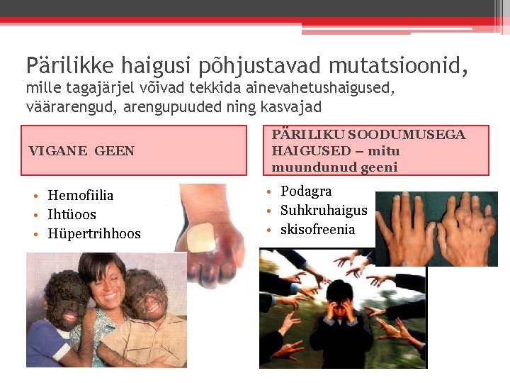 Pärilikke haigusi põhjustavad mutatsioonid, mille tagajärjel võivad tekkida ainevahetushaigused, väärarengud, arengupuuded ning kasvajad VIGANE