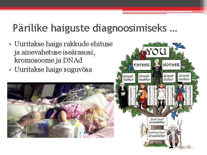 Pärilike haiguste diagnoosimiseks … • Uuritakse haige rakkude ehituse ja ainevahetuse iseärasusi, kromosoome ja