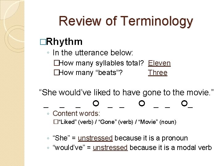 Review of Terminology �Rhythm ◦ In the utterance below: �How many syllables total? Eleven