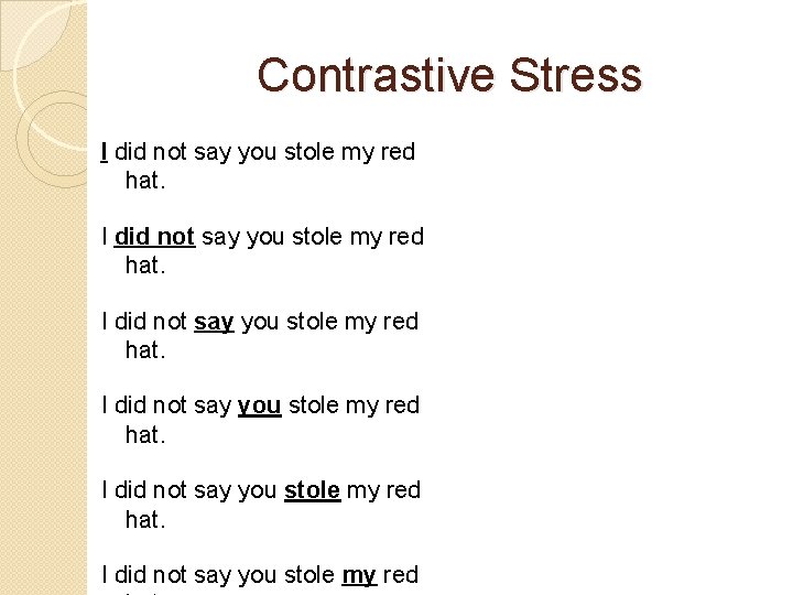 Contrastive Stress I did not say you stole my red hat. I did not