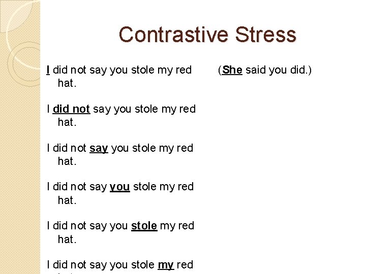 Contrastive Stress I did not say you stole my red hat. I did not