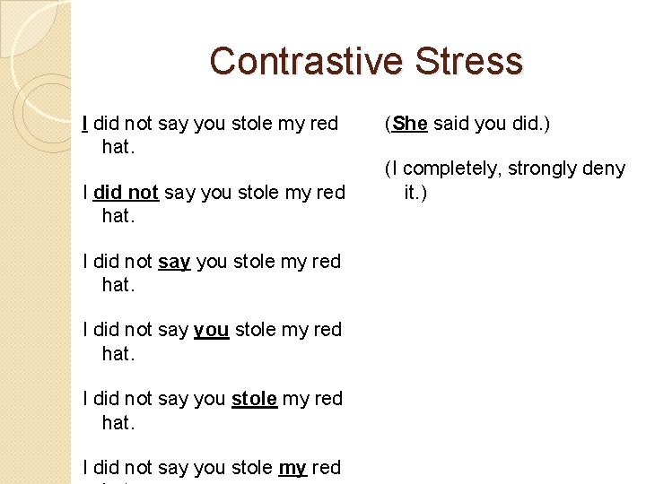 Contrastive Stress I did not say you stole my red hat. I did not